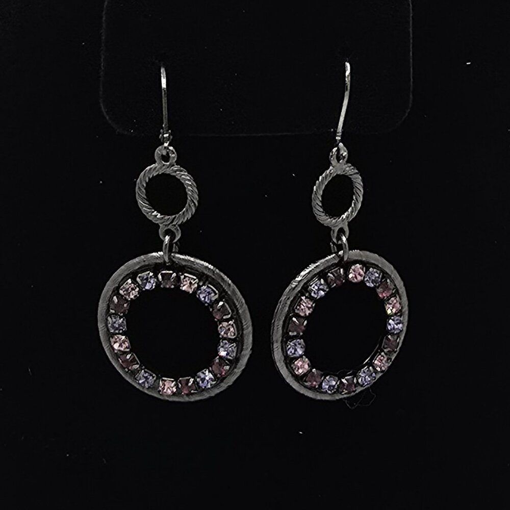 Vintage Black-tone Metal Purple Pink Rhinestone Circle Dangling Earrings